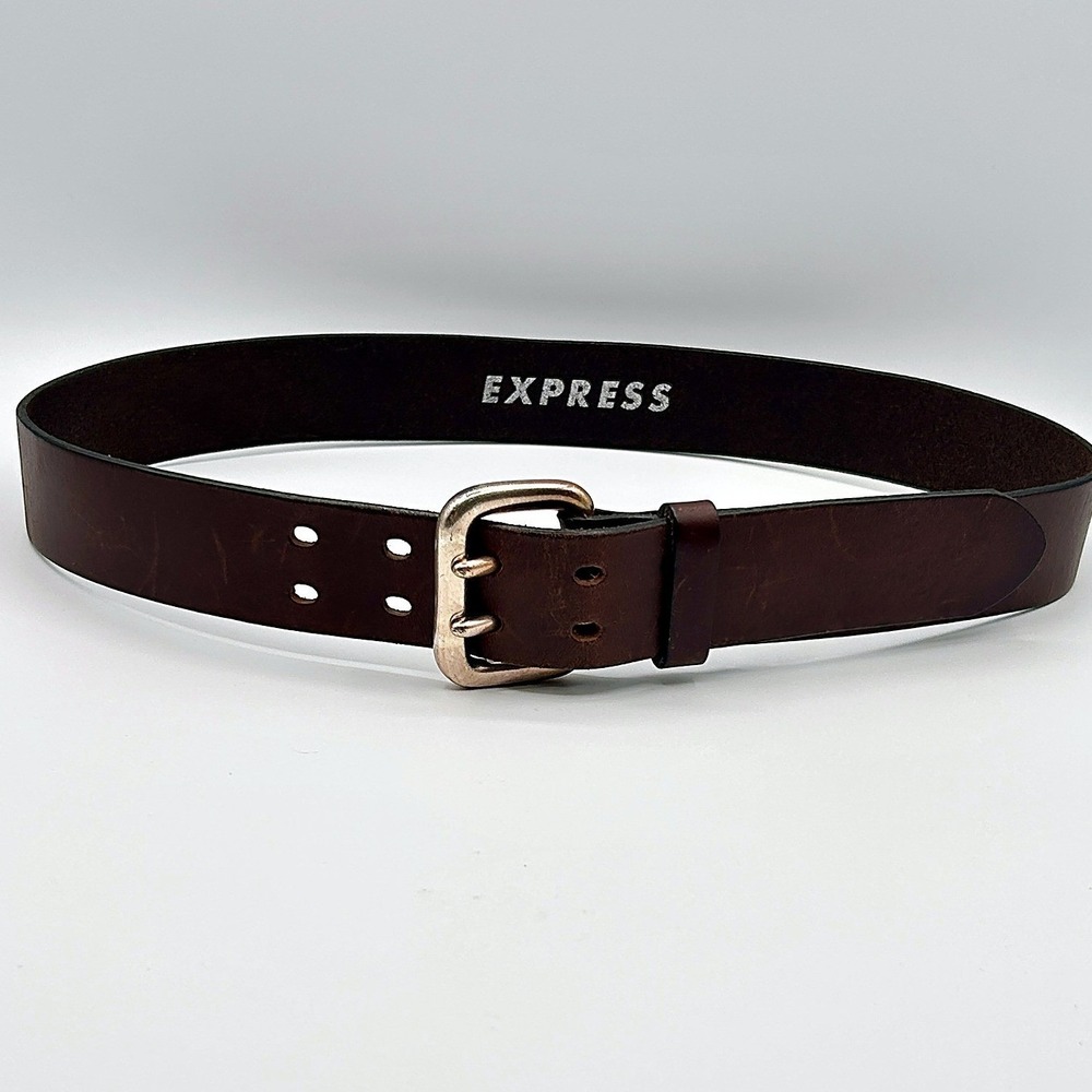 Express Double Prong Buckle Belt Italian Leather Brown Made in USA Tag Size M